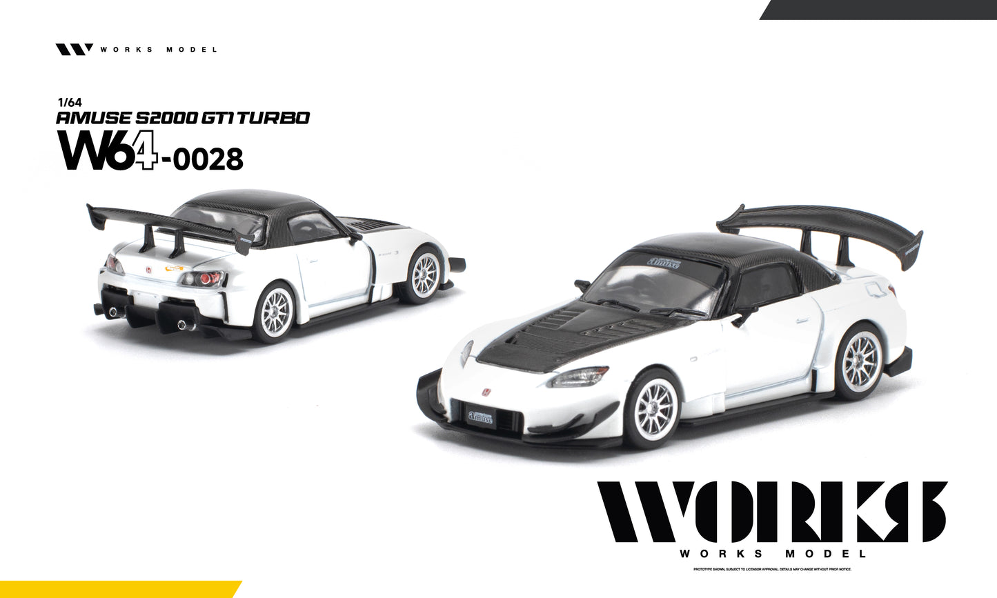 A 1/64 scale model of the AMUSE S2000 GTi Turbo W640028 by Works Model, shown in two views: a rear three-quarter view on the left and a front three-quarter view on the right. The model features a white body with a black hood, roof, and rear spoiler, and is set against a clean white background with brand logos.