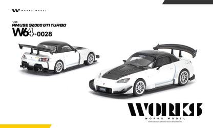 A 1/64 scale model of the AMUSE S2000 GTi Turbo W640028 by Works Model, shown in two views: a rear three-quarter view on the left and a front three-quarter view on the right. The model features a white body with a black hood, roof, and rear spoiler, and is set against a clean white background with brand logos.