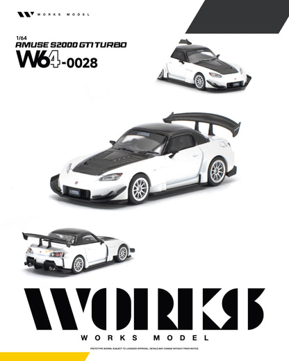 Promotional graphic for a 1/64 scale model toy car from Works Model, showing a white and black Honda S2000 GTI Turbo. The main view is in the center, with two smaller views showing different angles in the top right and bottom left.