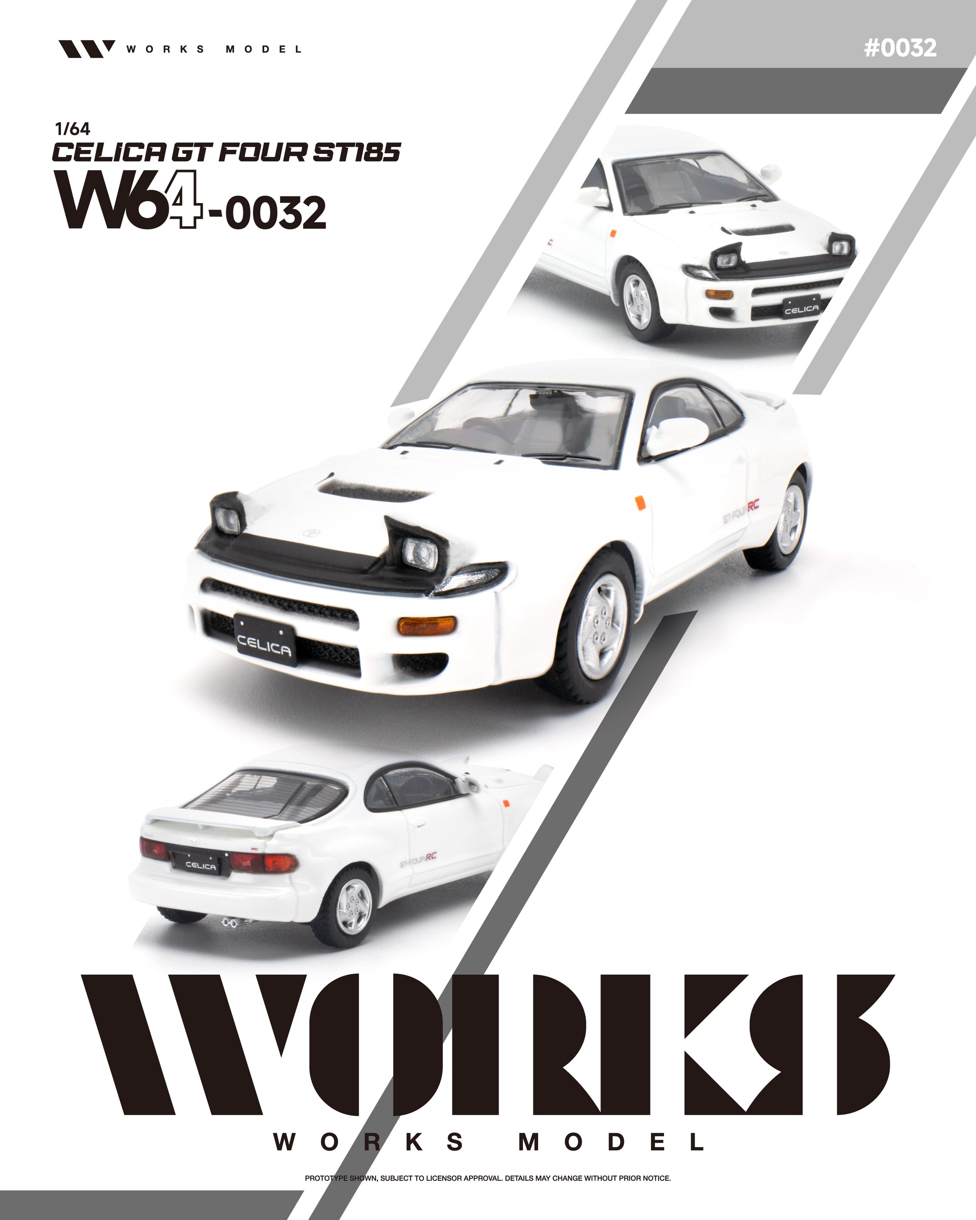 Works Model 1:64 Toyota Celica GT-Four ST185 in factory white with pop-up headlights, silver wheels, rear spoiler, and GT-Four RC badging. Product code W64-0032. Prototype diecast model shown from front, rear, and detail views on a white background.
