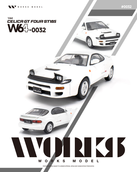 Works Model 1:64 Toyota Celica GT-Four ST185 in factory white with pop-up headlights, silver wheels, rear spoiler, and GT-Four RC badging. Product code W64-0032. Prototype diecast model shown from front, rear, and detail views on a white background.