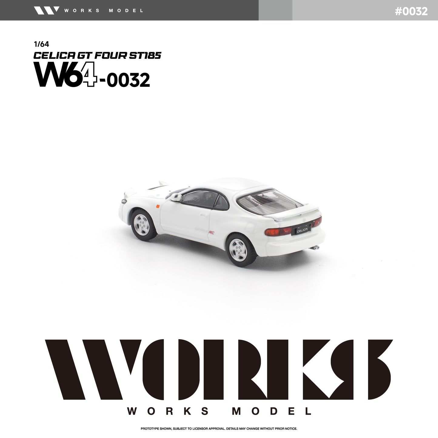 Rear three-quarter view of the Works Model 1:64 Toyota Celica GT-Four ST185 in factory white with GT-Four RC badging, silver wheels, rear spoiler, dual exhaust, and classic taillights. Product code W64-0032. Prototype diecast model on a white background.