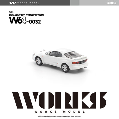 Rear three-quarter view of the Works Model 1:64 Toyota Celica GT-Four ST185 in factory white with GT-Four RC badging, silver wheels, rear spoiler, dual exhaust, and classic taillights. Product code W64-0032. Prototype diecast model on a white background.