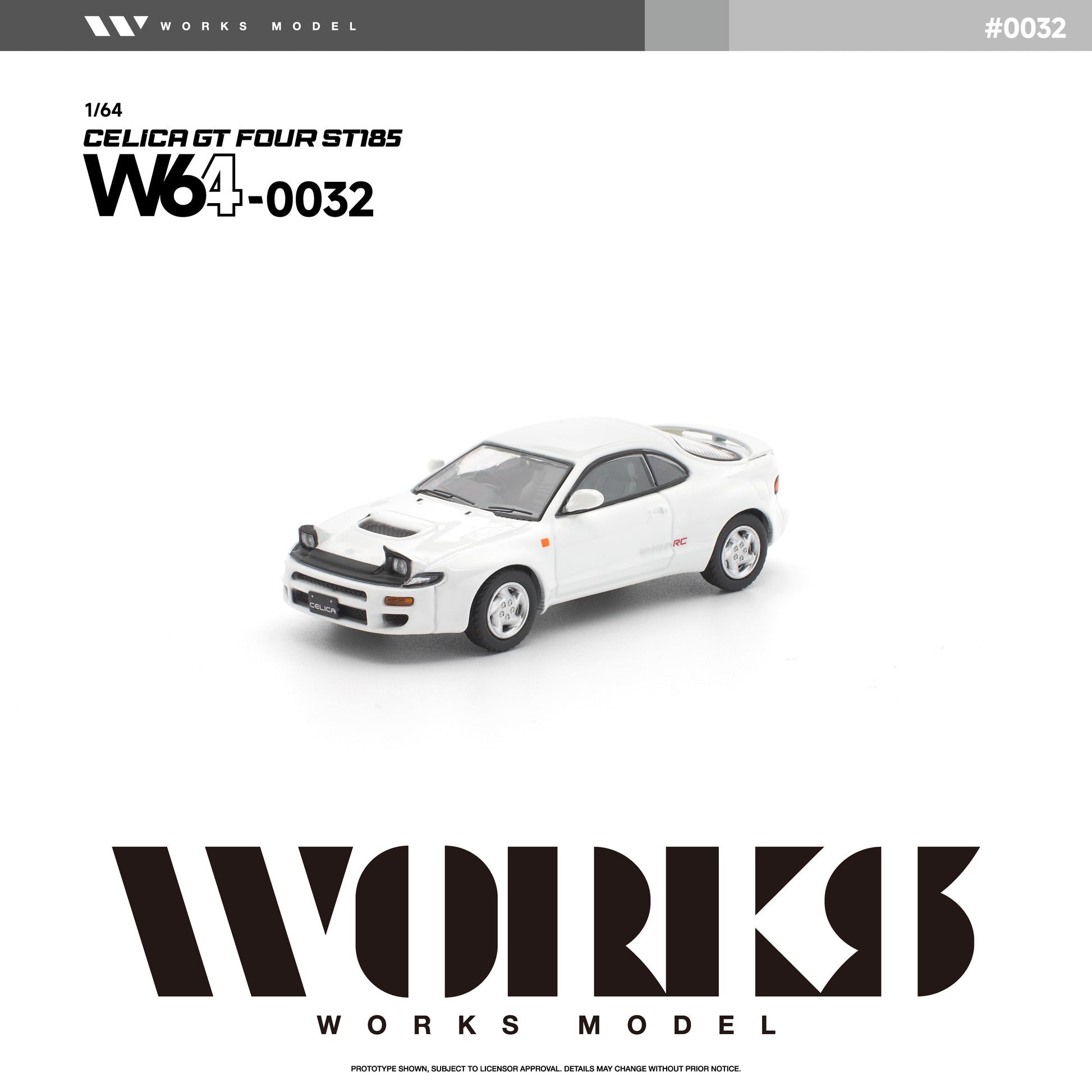Front three-quarter view of the Works Model 1:64 Toyota Celica GT-Four ST185 in factory white with pop-up headlights, GT-Four RC badging, silver wheels, rear spoiler, and factory styling. Product code W64-0032. Prototype diecast model on a white background.