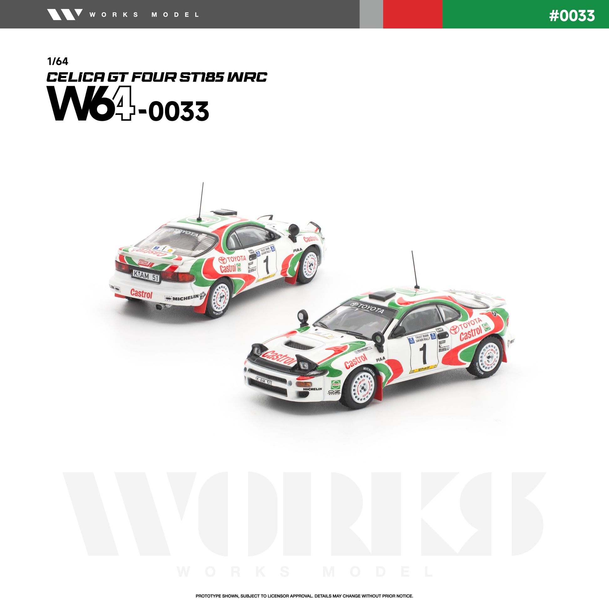 Works Model 1:64 Toyota Celica GT-Four ST185 WRC in iconic Castrol Toyota rally livery with race number 1, auxiliary spotlights, roof antenna, white rally wheels, and mud flaps. Product code W64-0033. Prototype diecast model shown from front and rear angles.