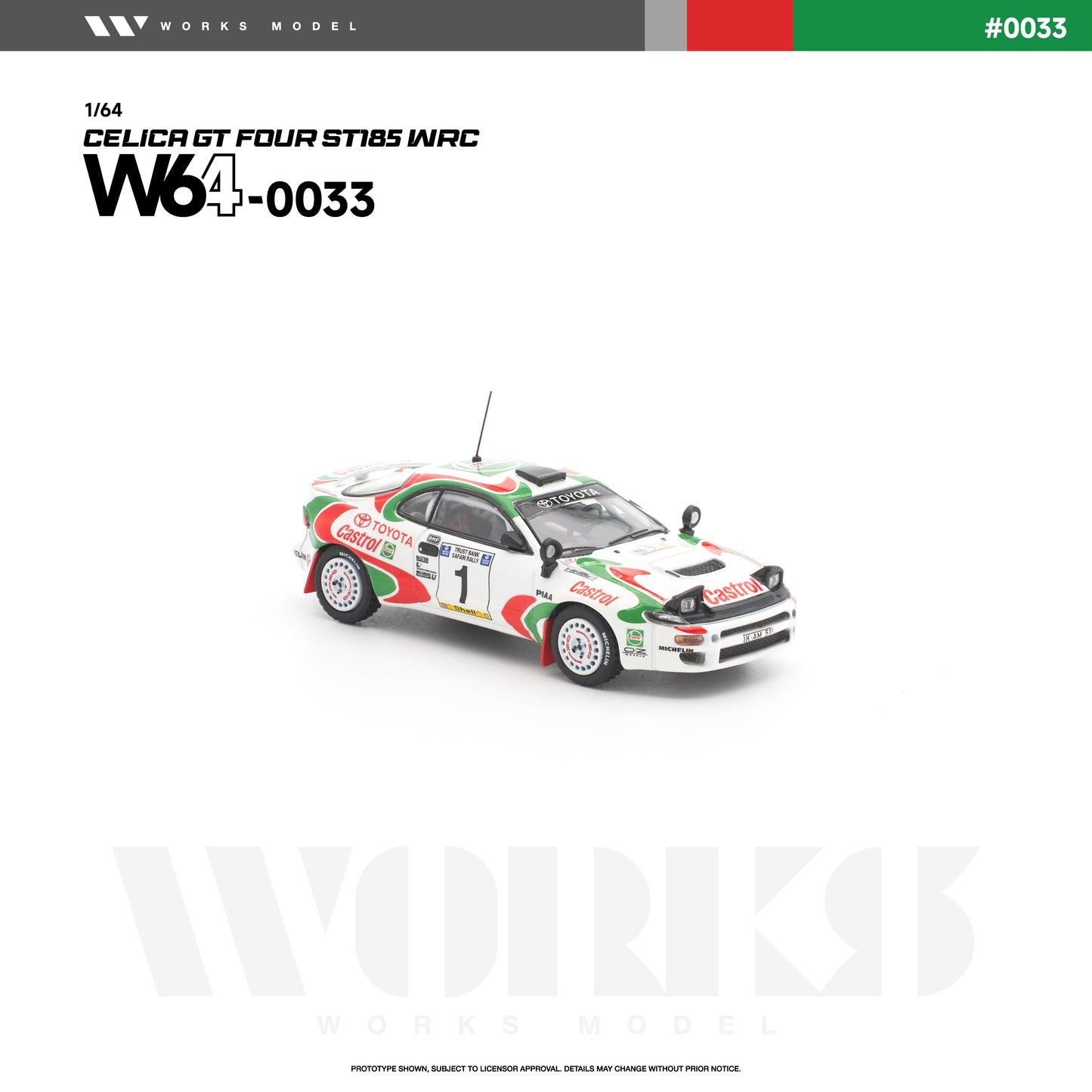 Front three-quarter view of the Works Model 1:64 Toyota Celica GT-Four ST185 WRC in iconic Castrol Toyota rally livery with race number 1, auxiliary spotlights, roof antenna, white rally wheels, and red mud flaps. Product code W64-0033.
