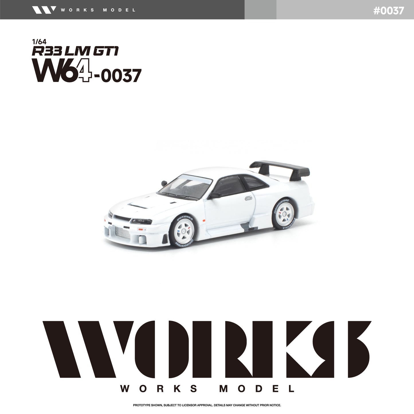 Front three-quarter view of the Works Model 1:64 Nissan Skyline GT-R R33 LM GT1 in factory white with white wheels, aerodynamic widebody, vented hood, large rear wing, and race-inspired styling. Product code W64-0037. Prototype diecast model on a white background.