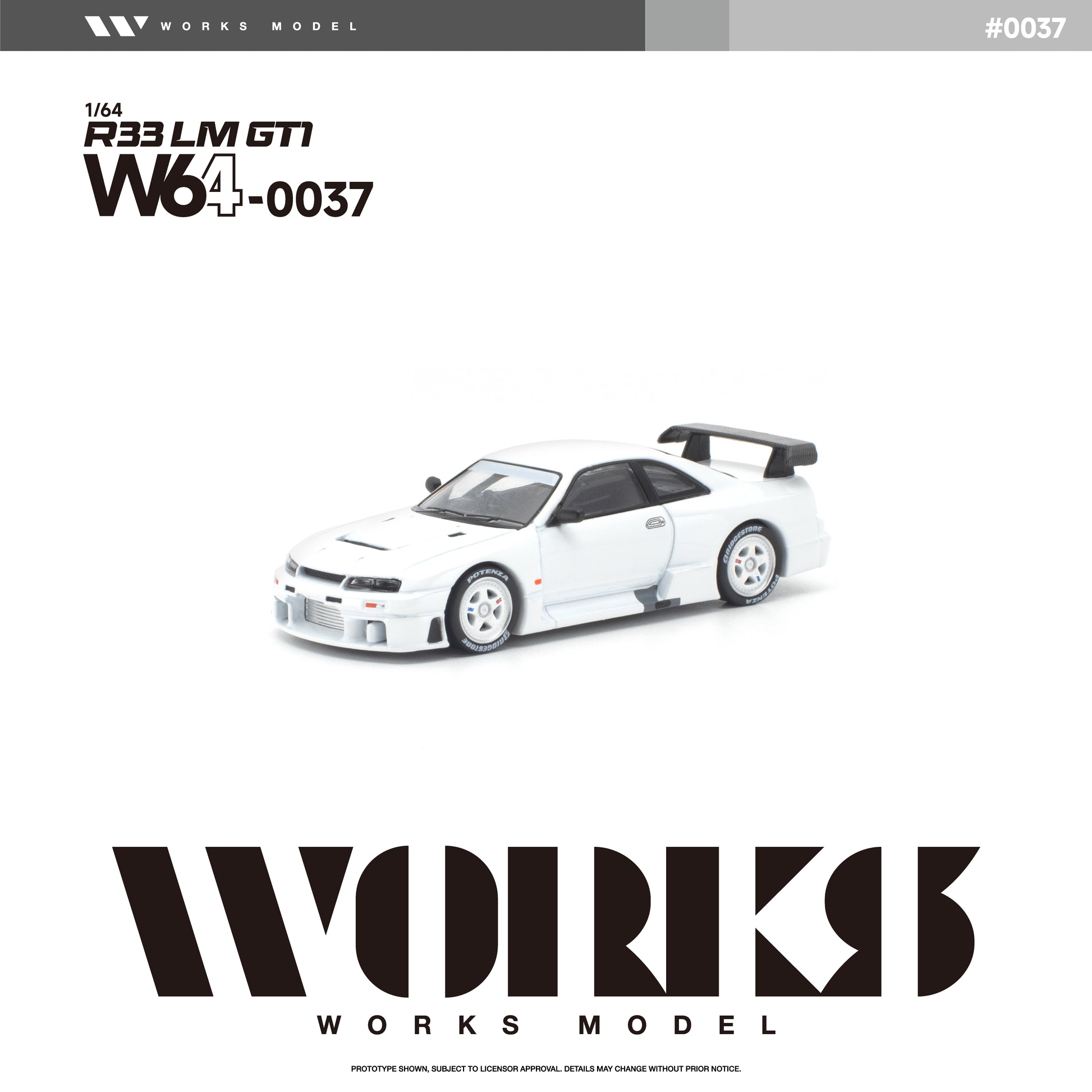 Front three-quarter view of the Works Model 1:64 Nissan Skyline GT-R R33 LM GT1 in factory white with white wheels, aerodynamic widebody, vented hood, large rear wing, and race-inspired styling. Product code W64-0037. Prototype diecast model on a white background.