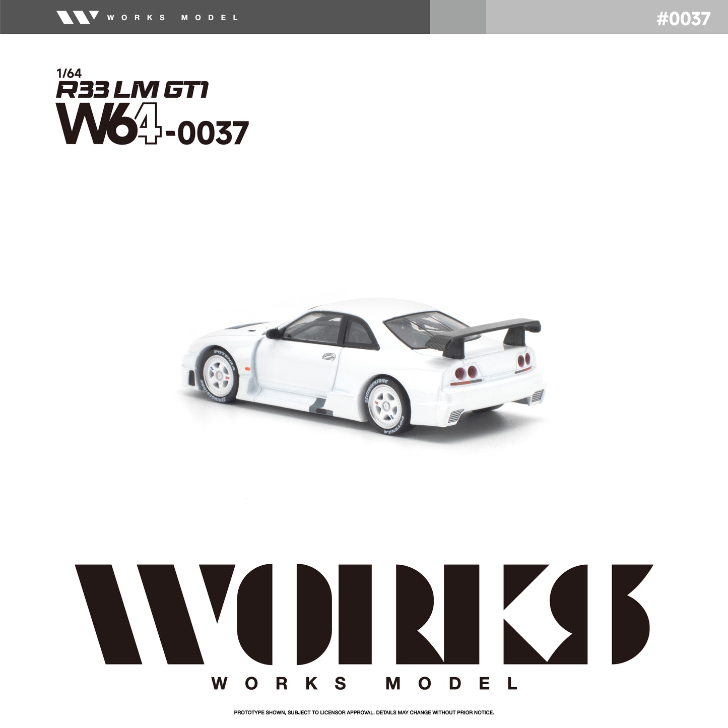 Rear three-quarter view of the Works Model 1:64 Nissan Skyline GT-R R33 LM GT1 in factory white with white wheels, aerodynamic widebody, rear diffuser, and large GT-style rear wing. Product code W64-0037. Prototype diecast model on a white background.