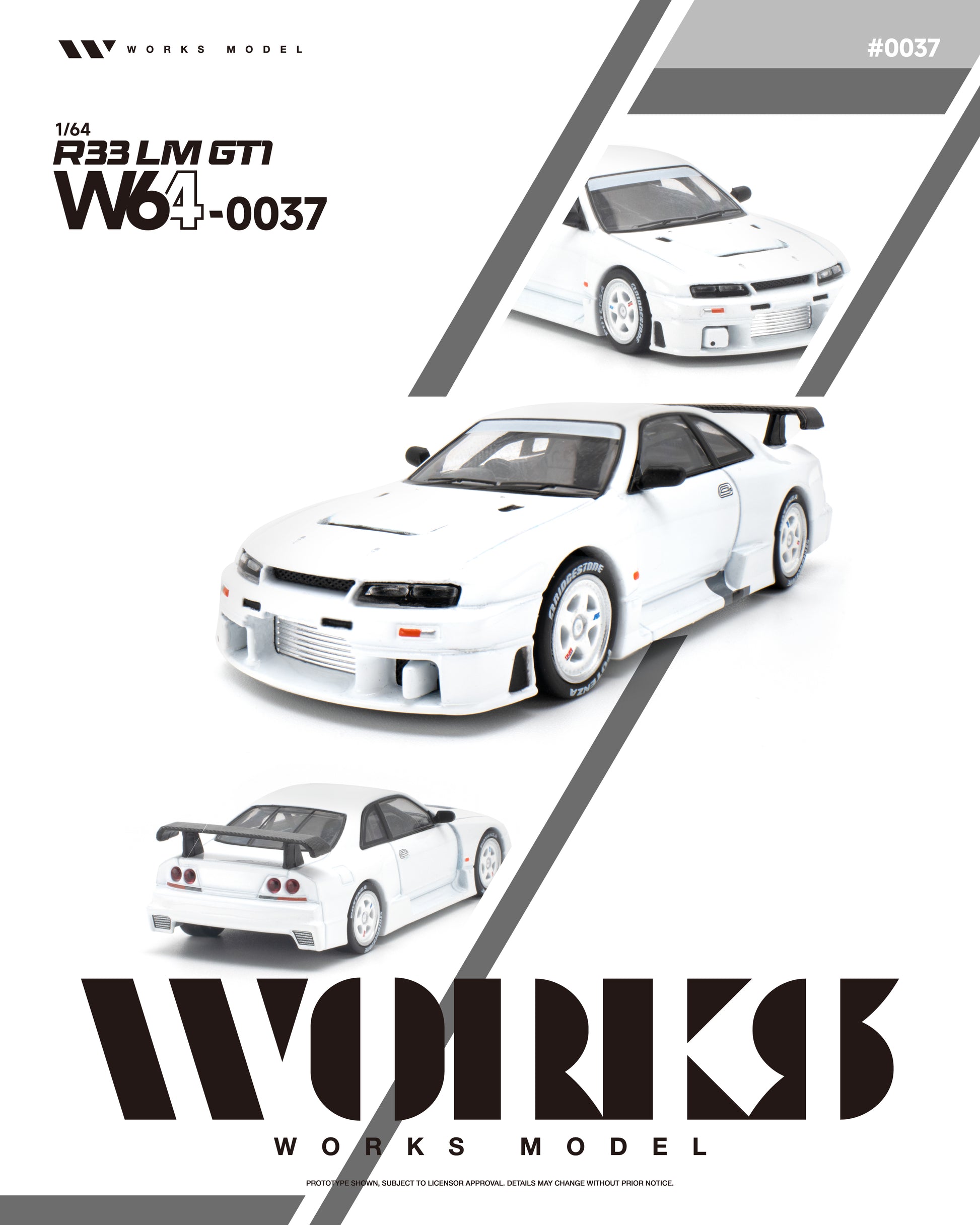 Works Model 1:64 Nissan Skyline GT-R R33 LM GT1 in factory white with white wheels, aerodynamic widebody, vented hood, front-mounted intercooler, and large GT-style rear wing. Product code W64-0037. Prototype diecast model shown from multiple angles.