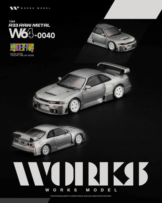 Promotional graphic for a 1/64 scale model car from Works Model, showing a silver R33 Raw Metal W640040 in three different angles against a black background with white text and branding.