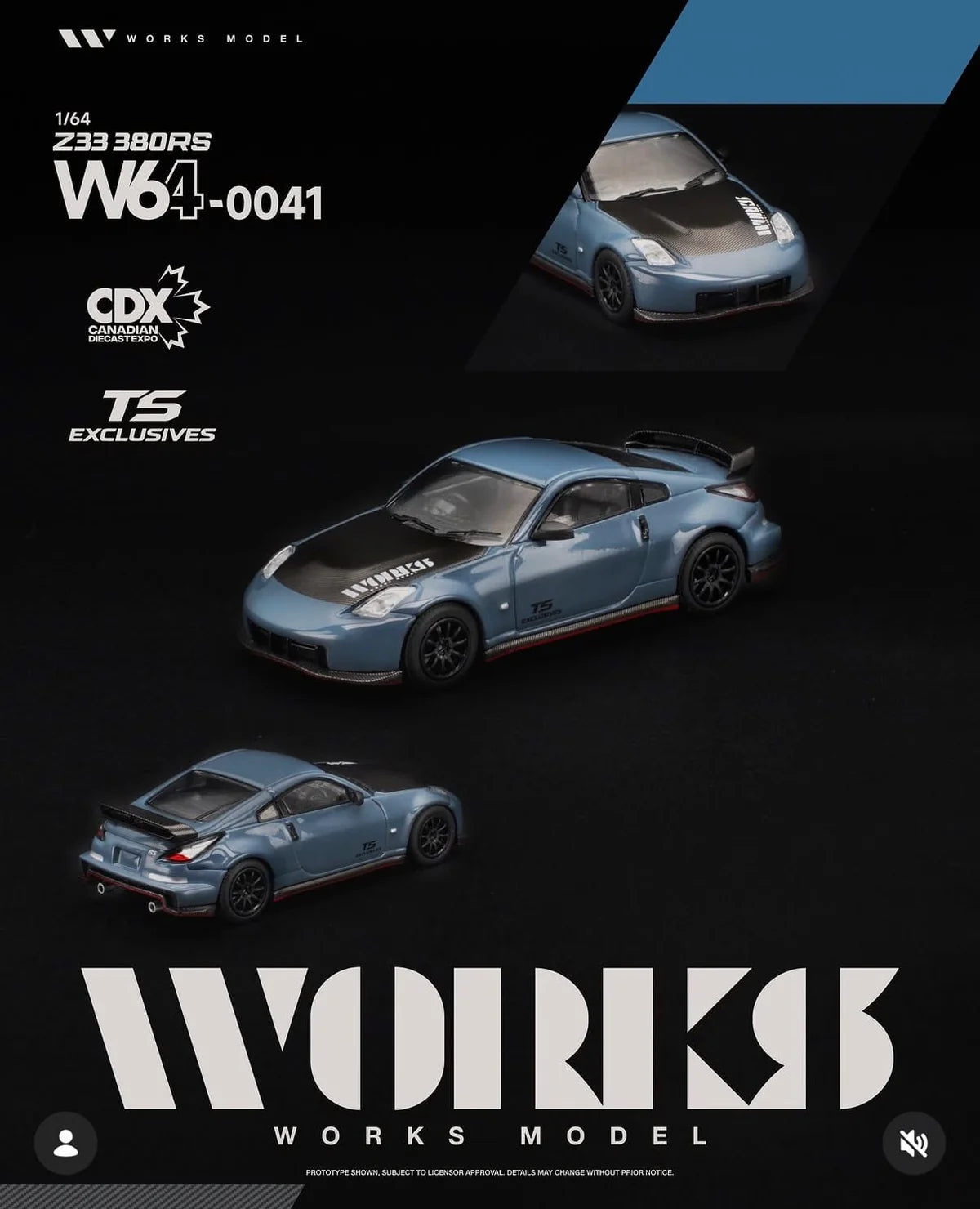 Works Model Nissan Fairlady Z33 380RS 1:64 diecast model in blue with carbon fiber hood, Canadian Diecast Expo CDX TS Exclusive W64-0041, black wheels and rear wing.