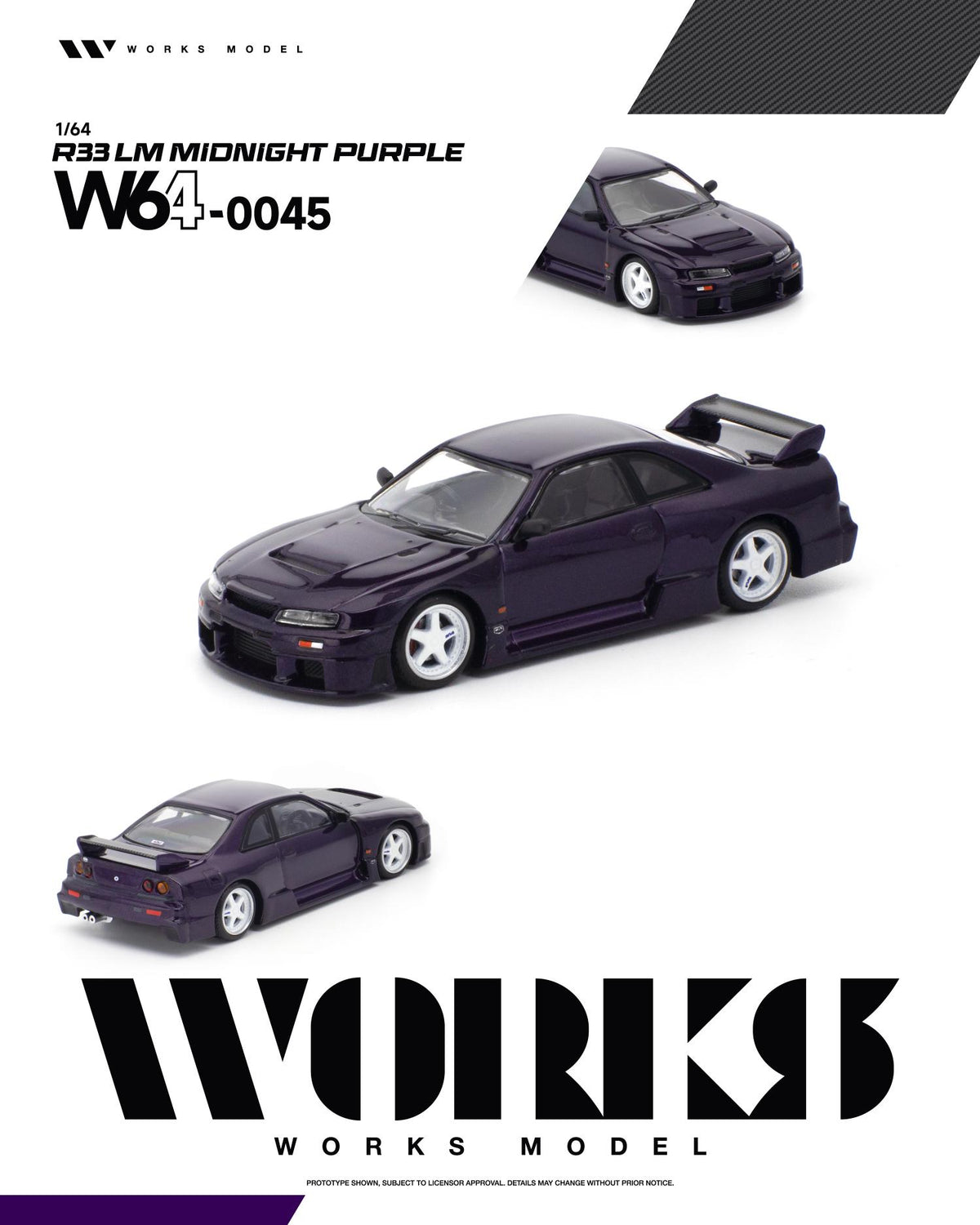 Works Model 1/64 scale toy car, R33 LM Midnight Purple (W64J-0045), shown in three angles on a white background with the brand logo at the bottom.
