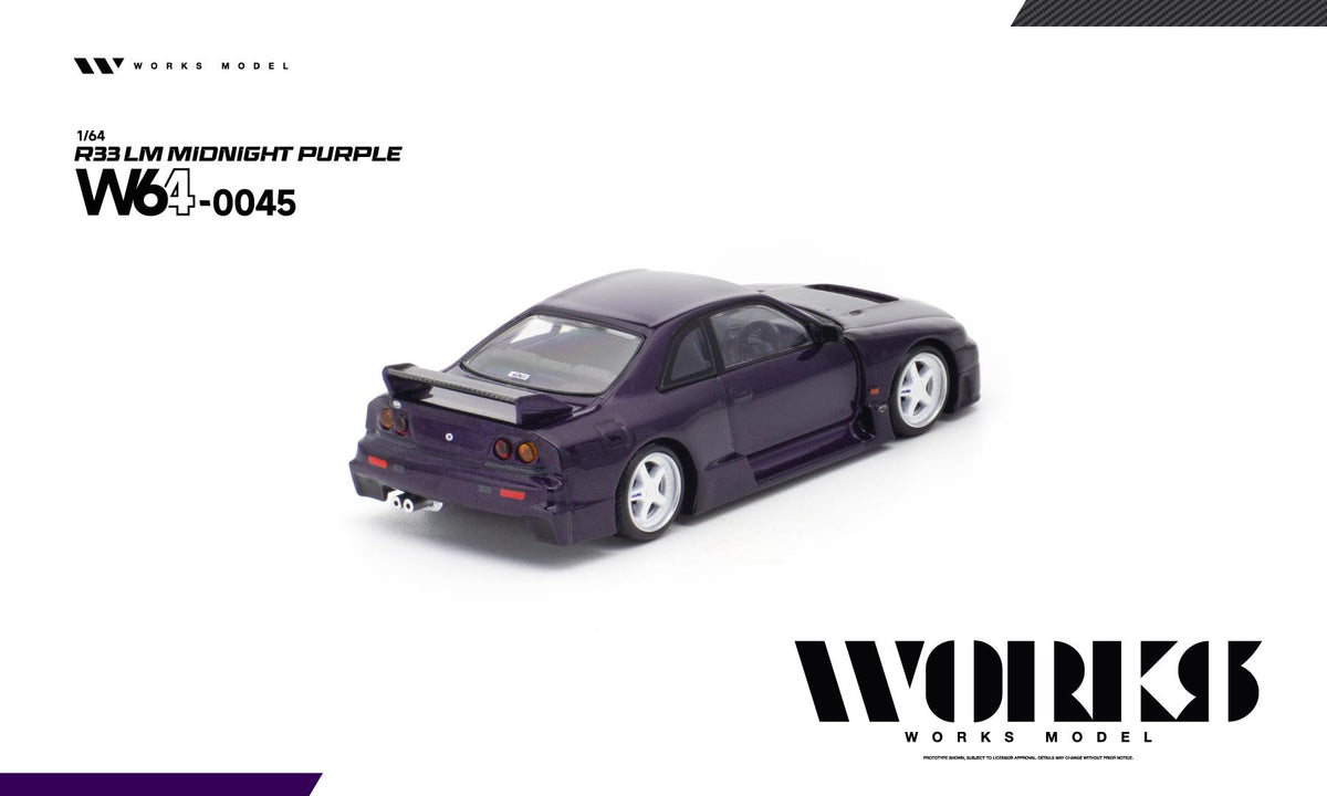 A 1/64 scale diecast model car of a Nissan Skyline R32 LM in Midnight Purple, manufactured by Works Model. The car is shown from a three-quarters rear angle on a clean white background with brand logos and model number text.