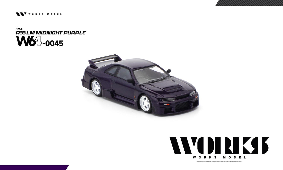 A 1/64 scale model car of a dark midnight purple Nissan Silvia S15, branded by Works Model. The model is displayed on a clean white background with product details and branding text.