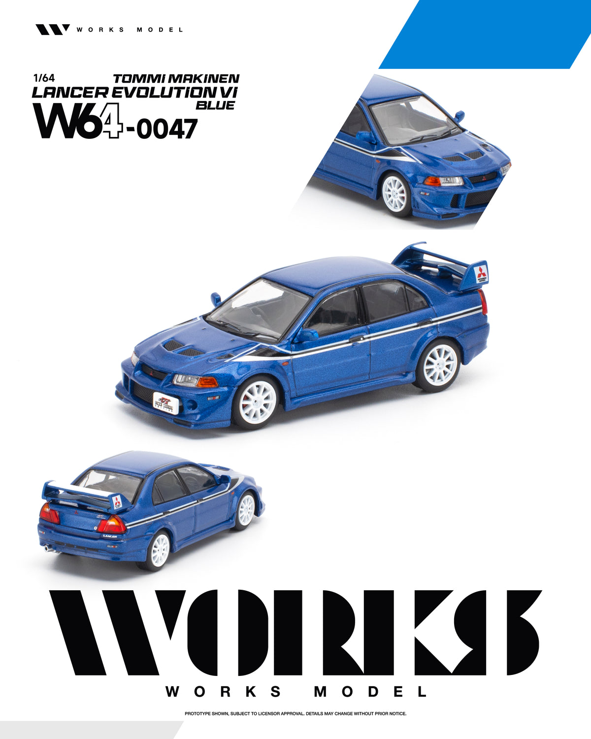 Works Model 1:64 Mitsubishi Lancer Evolution VI Tommi Makinen Blue W64-0047 diecast model car with white wheels and rear wing