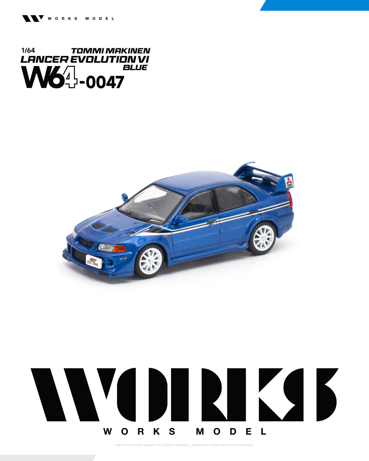 Works Model 1:64 Mitsubishi Lancer Evolution VI Tommi Makinen Blue W64-0047 diecast model car with white wheels, side stripes and rear wing