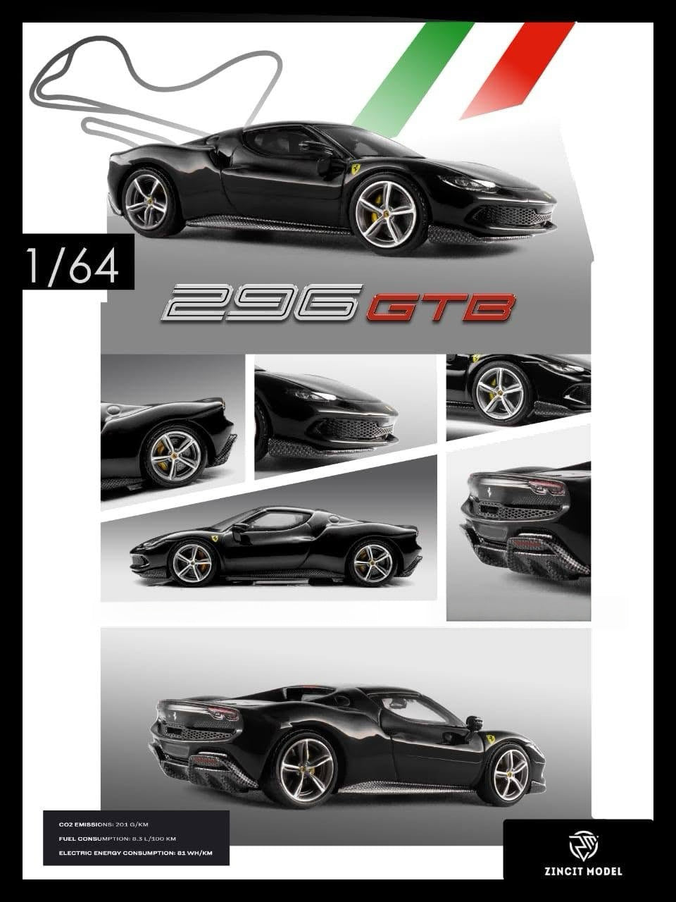 A 1/64 scale model car poster of the Ferrari 296 GTB by EinCIt Model. The poster features a large black 3D render of the car at the top, smaller detail crop-ins in the middle, and a full rear three-quarter view at the bottom.