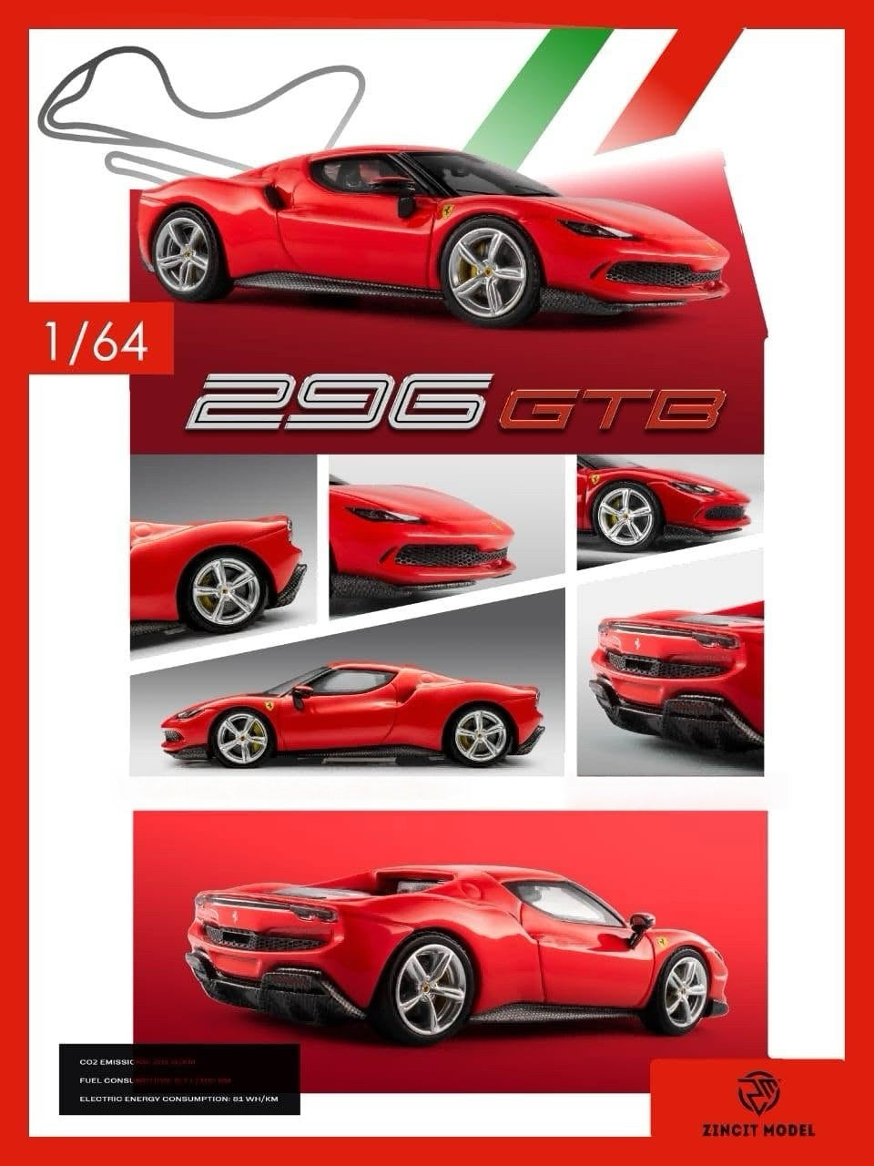 A 1/64 scale model car poster for the Ferrari 296 GTB, featuring a red sports car in multiple angles, with Italian flag graphics and the Zincoit Model logo.