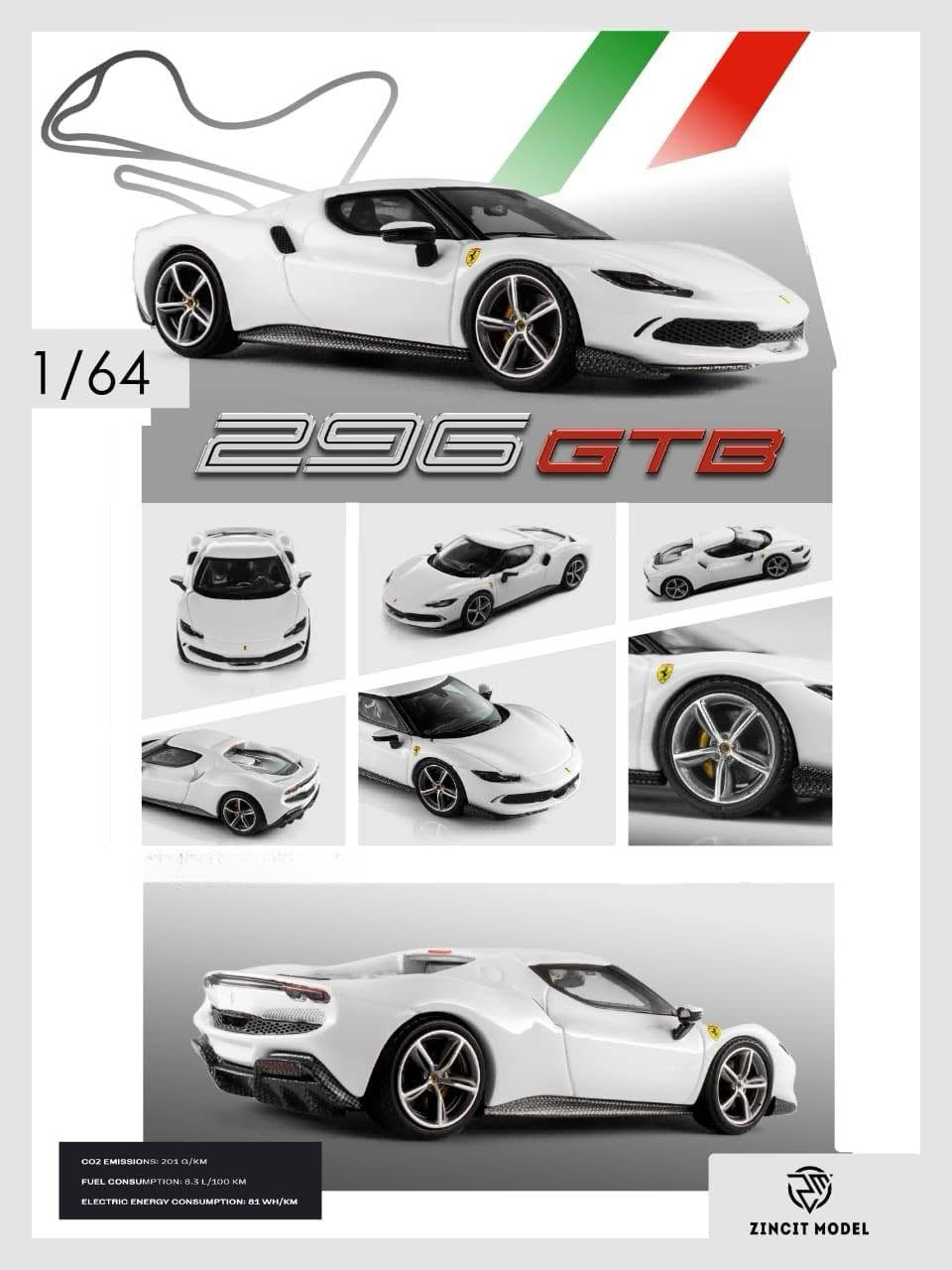 A product display sheet for a 1/64 scale model of a white Ferrari 296 GTB, featuring a large main car render, six smaller detail views, a track outline, and the Zimcit Model logo.