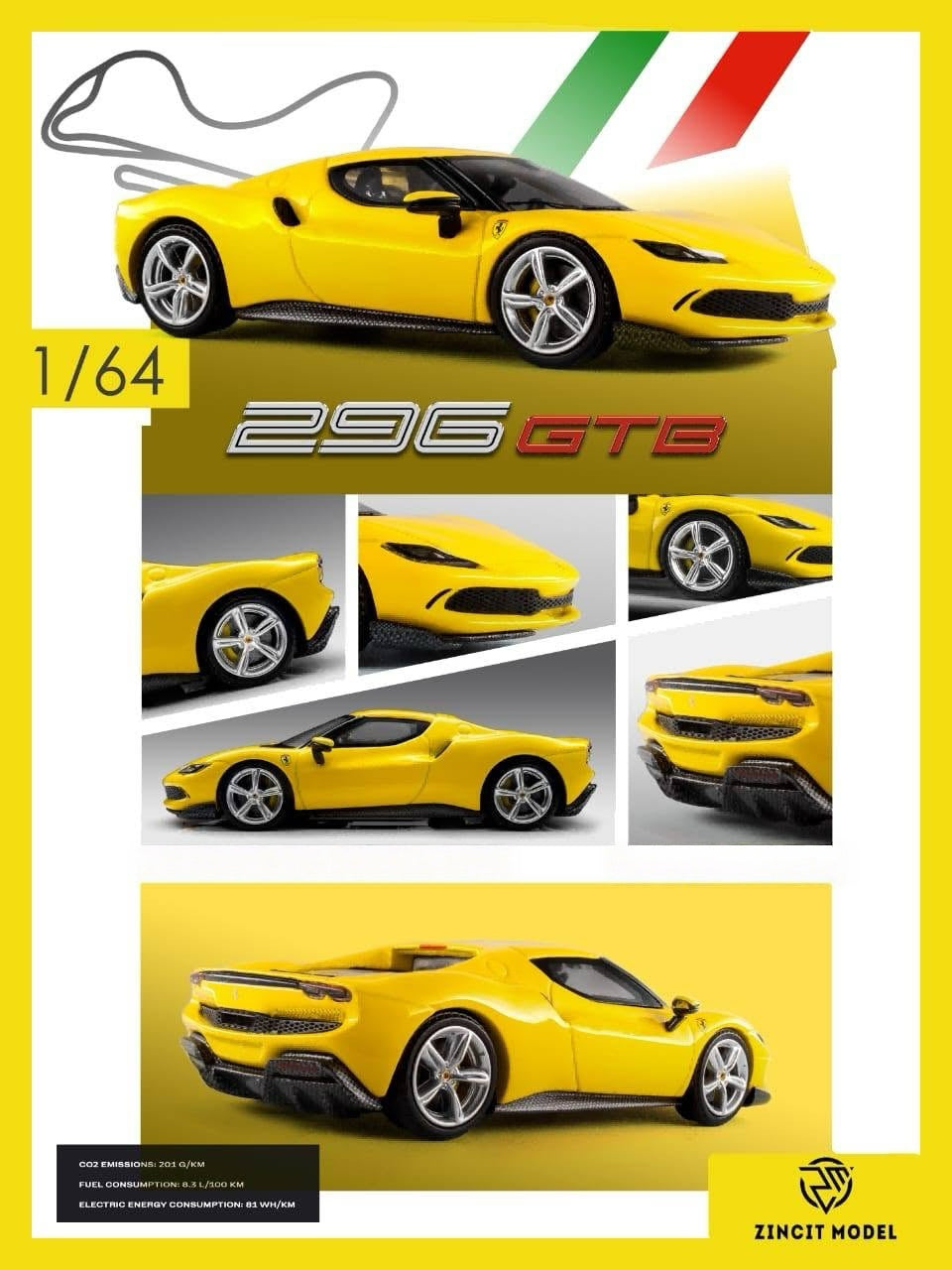 A yellow 1/64 scale model car poster for the Zinchit Model 296 GTB Ferrari, showing multiple views of the model car on a yellow and white background with the Italian flag.