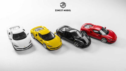 Four miniature sports car model toys in white, yellow, black, and red, arranged in a row on a light gray background with the ZINCIT MODEL logo above them.