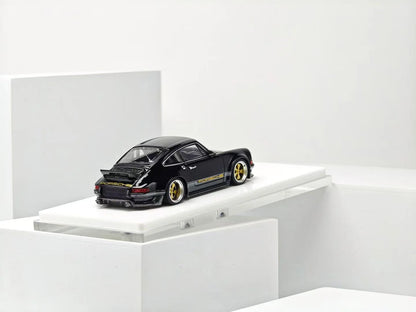 ZINCIT 1:64 Porsche 911 Singer DLS Black Diecast Model Car with Gold Wheels, Porsche Side Stripes, Rear Spoiler and Detailed Dual Exhaust – Rear Three-Quarter View