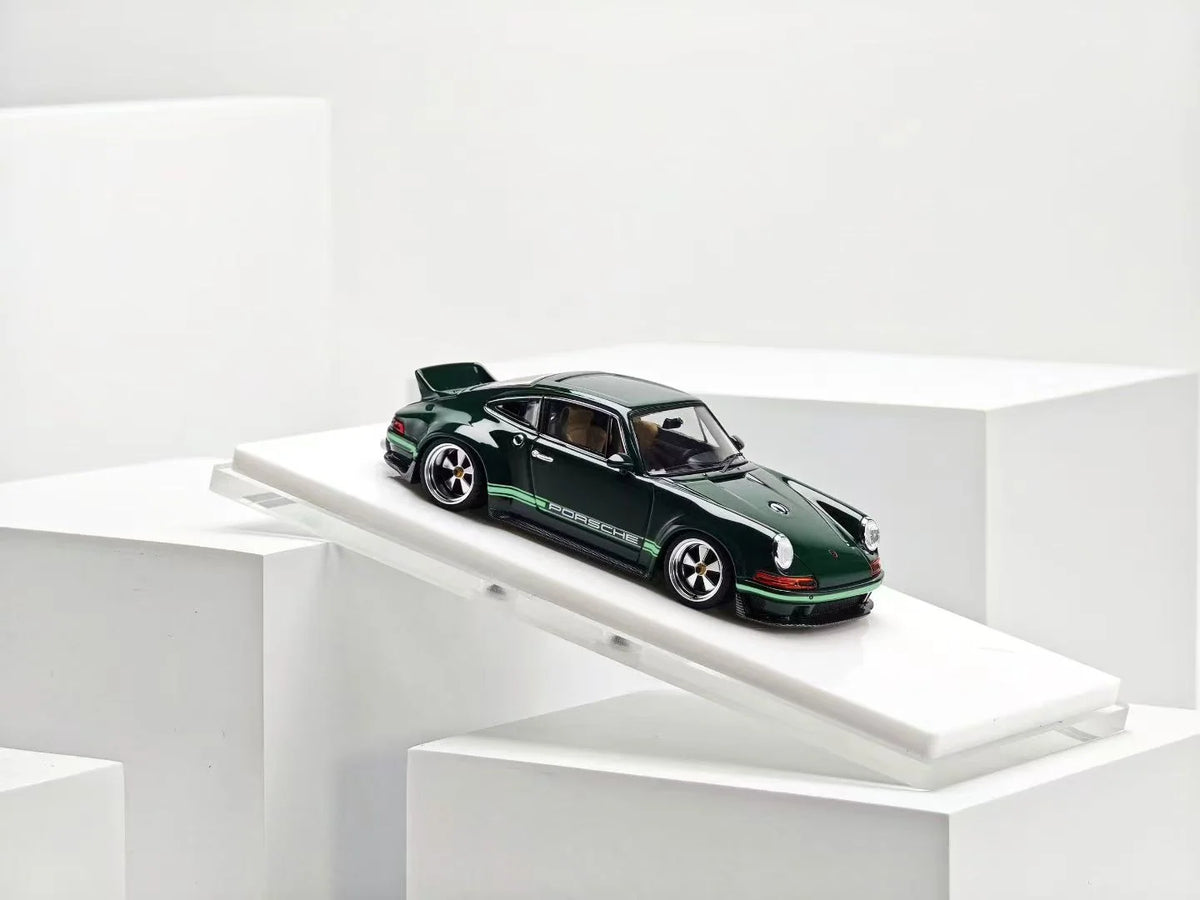 ZINCIT Model 1:64 Porsche 911 Singer DLS Dark Green Diecast Model Car with Silver Five-Spoke Wheels, Green Porsche Side Stripes, Rear Spoiler and Detailed Interior – Front Three-Quarter View