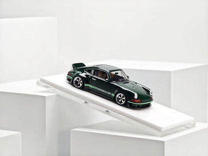 ZINCIT Model 1:64 Porsche 911 Singer DLS Dark Green Diecast Model Car with Silver Five-Spoke Wheels, Green Porsche Side Stripes, Rear Spoiler and Detailed Interior – Front Three-Quarter View