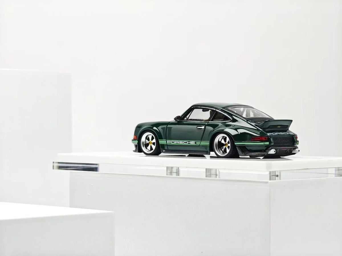 ZINCIT Model 1:64 Porsche 911 Singer DLS Dark Green Diecast Model Car with Silver Five-Spoke Wheels, Green Porsche Side Stripes, Rear Wing and Detailed Exhaust – Rear Three-Quarter View