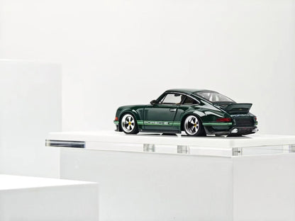 ZINCIT Model 1:64 Porsche 911 Singer DLS Dark Green Diecast Model Car with Silver Five-Spoke Wheels, Green Porsche Side Stripes, Rear Wing and Detailed Exhaust – Rear Three-Quarter View