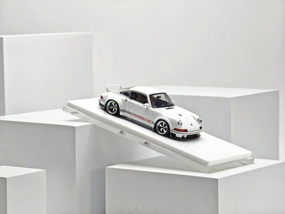 ZINCIT Model 1:64 Porsche 911 Singer DLS White Diecast Model Car with Silver Five-Spoke Wheels, Porsche Side Stripes, Rear Spoiler and Detailed Interior – Front Three-Quarter View