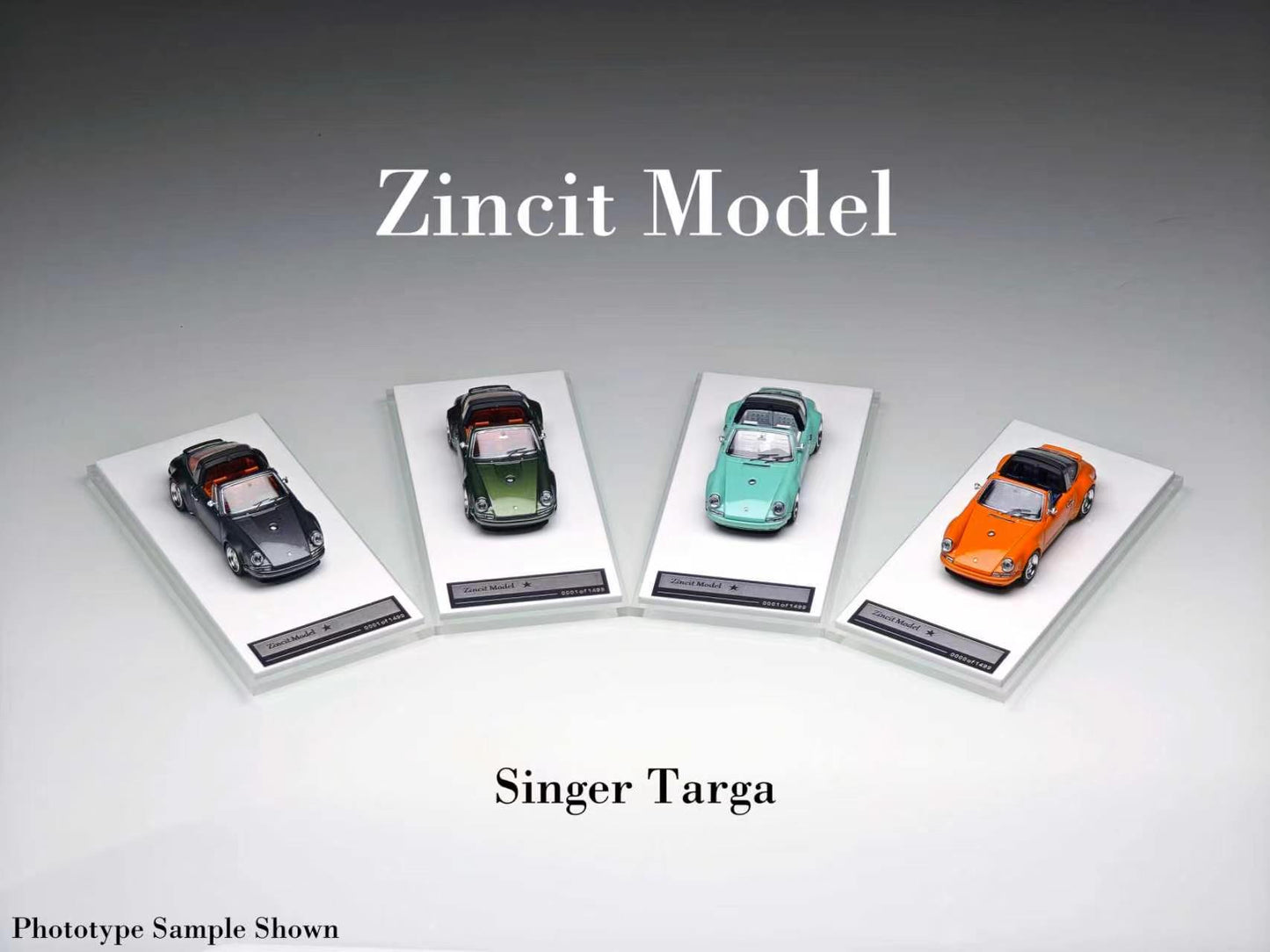 Four miniature model cars displayed on white rectangular stands against a gray gradient background, with the text 'Zincit Model' at the top and 'Singer Targa' at the bottom.
