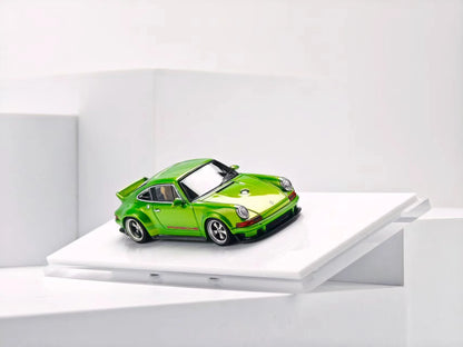 ZINCIT Model 1:64 Porsche 911 Singer DLS Metallic Bright Green Diecast Model Car with Silver Five-Spoke Wheels, Porsche Side Stripes, Widebody Styling and Rear Spoiler – Elevated Front Three-Quarter View