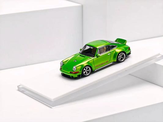 ZINCIT Model 1:64 Porsche 911 Singer DLS Metallic Bright Green Diecast Model Car with Silver Five-Spoke Wheels, Porsche Side Stripes, Widebody Styling and Rear Spoiler – Front Three-Quarter View