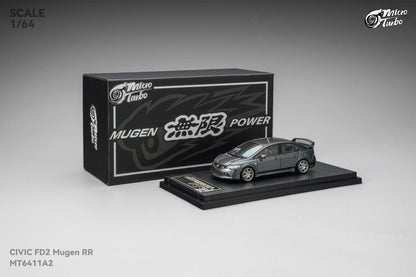 Model car of a Civic FD2 Mugen RR with packaging displaying 'Mugen' branding on a gray background.