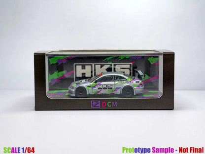 Model car in a transparent box with HKS branding on a white background