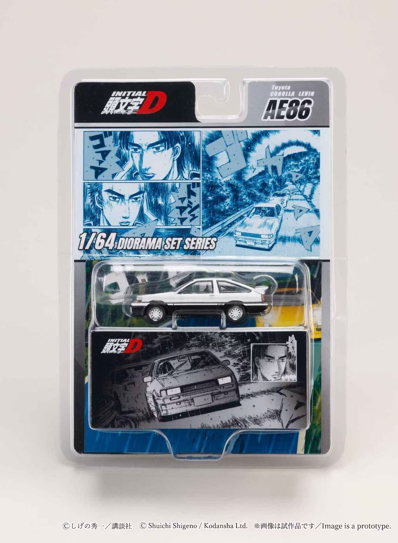Model car packaging with 'Initial D' branding on a white background
