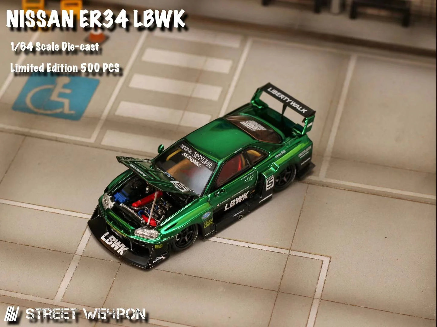 Street Weapon 1:64 Nissan LBWK ER34 Special Edition - Chrome Green (Preorder)