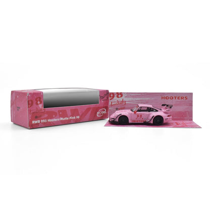 Pink toy car with 'Hooters' branding in a clear box on a white background
