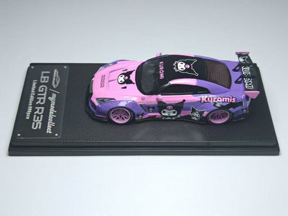 Pink and black model car on a display stand with 'Kuromi' branding.