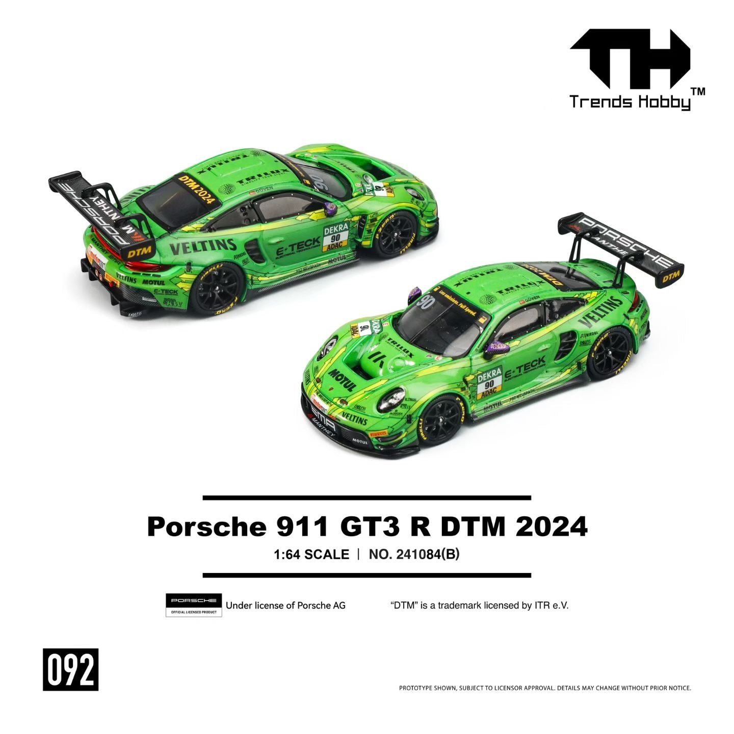 Two green Porsche 911 GT3 R DTM 2024 model cars on a white background with Trends Hobby branding.