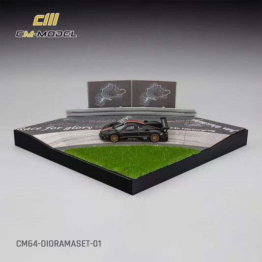 CM Model Pagani Zonda Revo Carbon Car in a racing track diorama in grey background