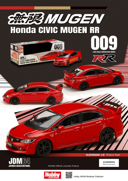 Honda Civic Mugen RR model car with packaging and branding on a black and red background