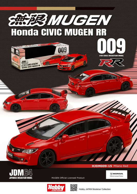Honda Civic Mugen RR model car with packaging and branding on a black and red background