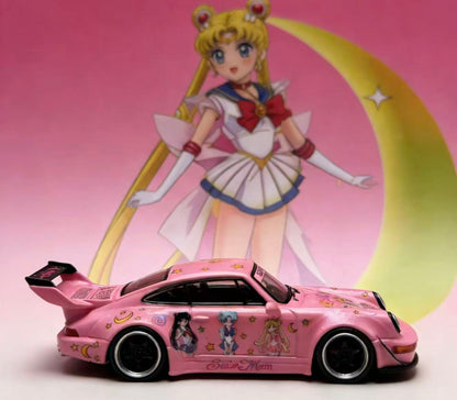 Pink toy car with character designs in front of an animated character with a pink background
