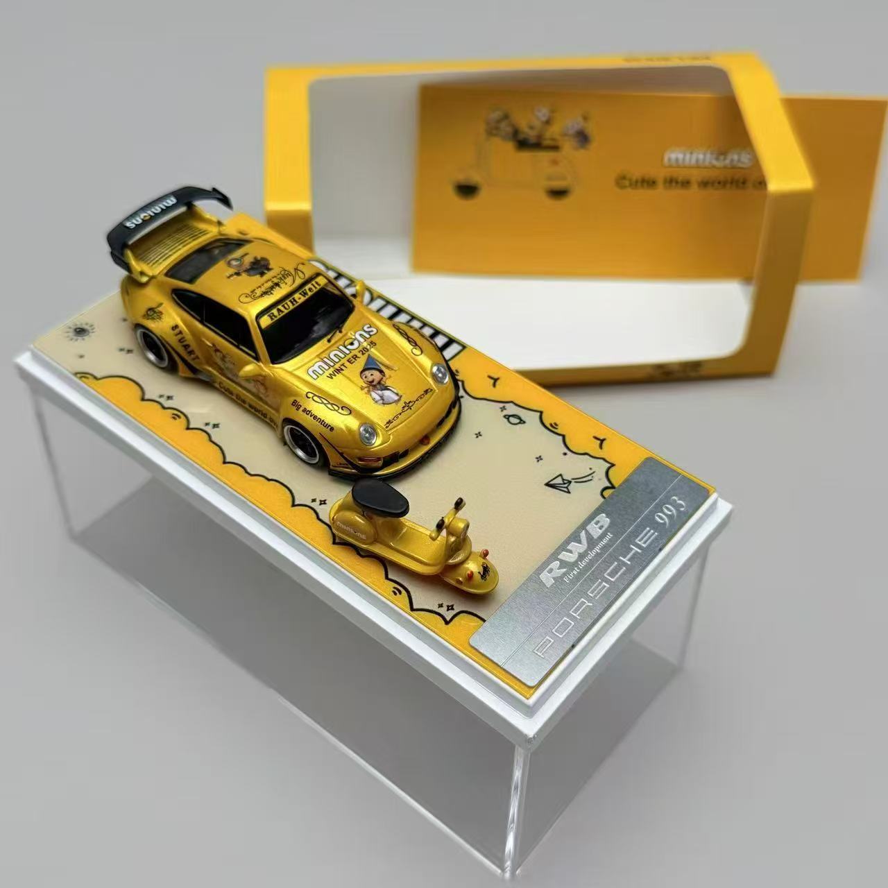 Yellow model car on a display stand with a yellow box in the background