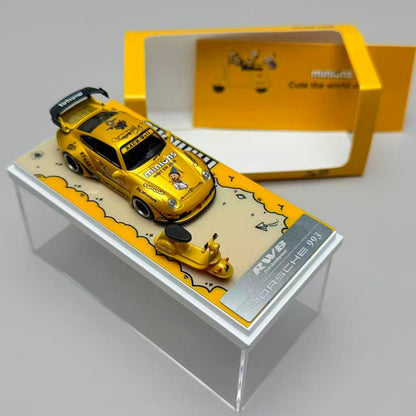 Yellow model car on a display stand with a yellow box in the background