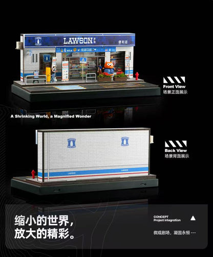 Model of a Lawson convenience store with front and back views on a black background