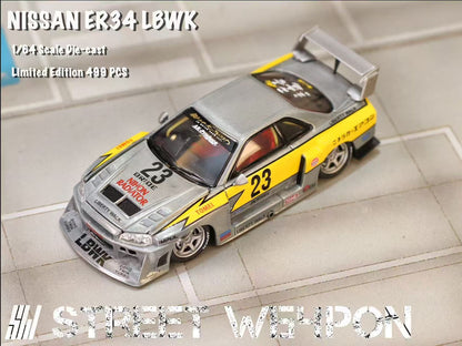 (Preorder) Street Weapon 1:64 Nissan LBWK ER34 Lightning Livery Raw Metal Version